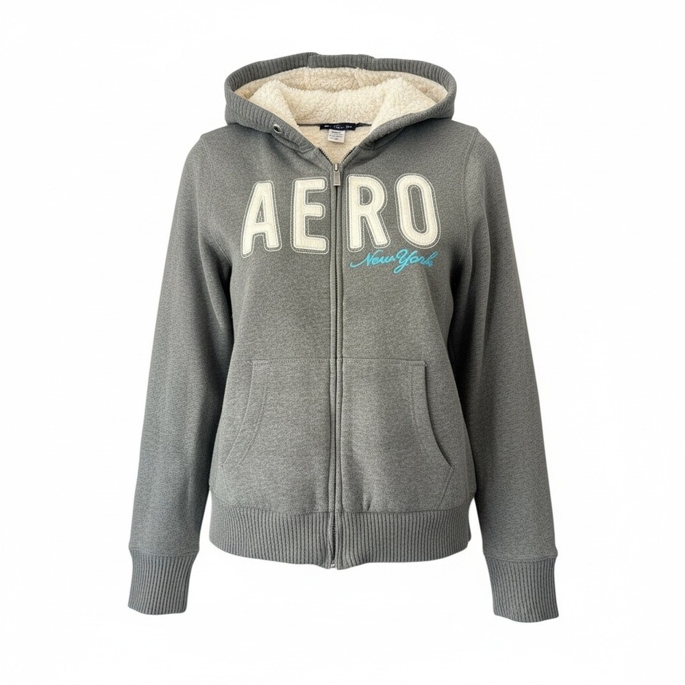 Y2K‎ Aeropostale Aero New York Sherpa Lined Zip Up Hoodie Gray Medium